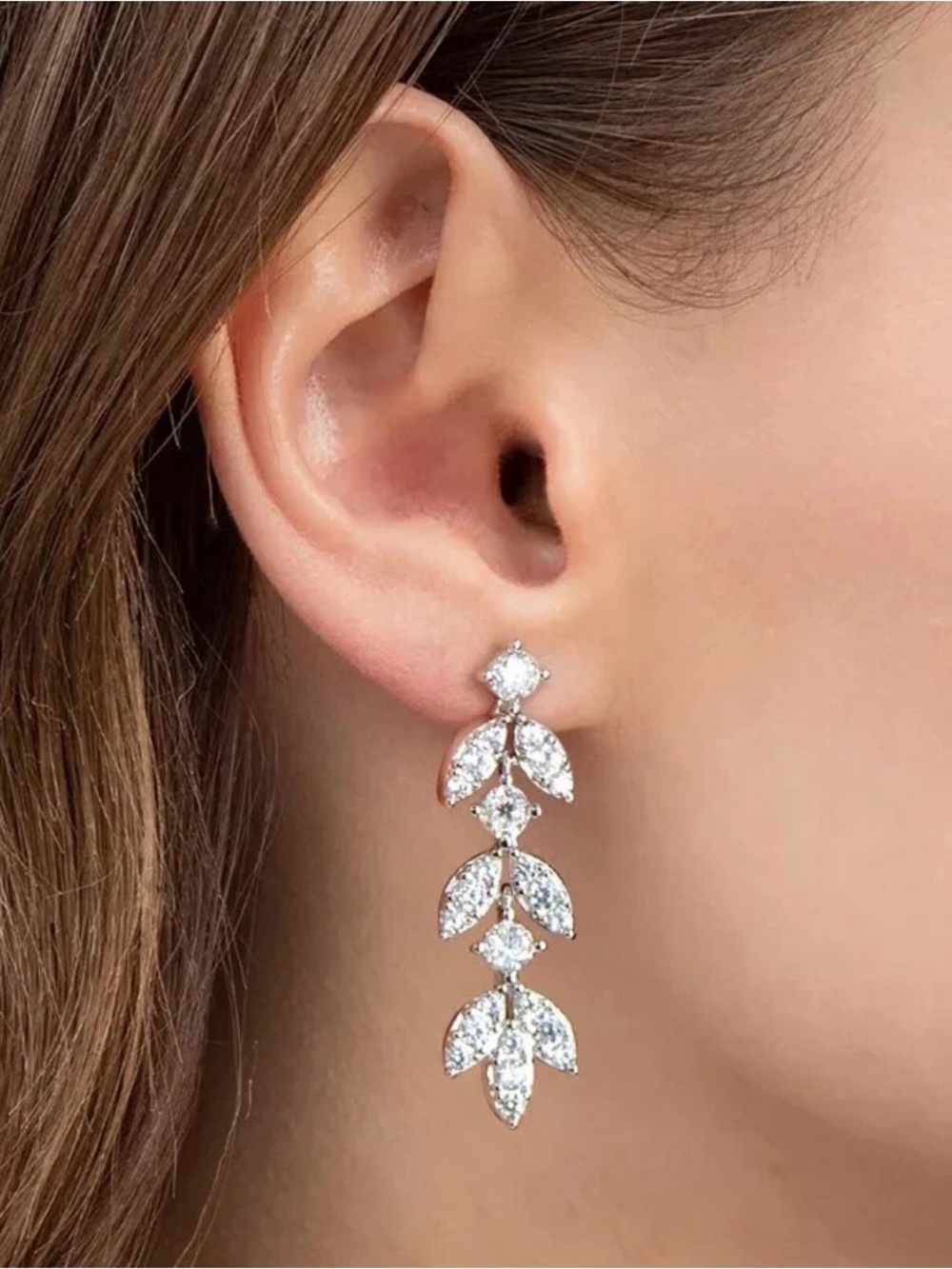 S925 Sterling Silver Moissanite Leaf Dangle Earrings 1” Bridal Wedding New